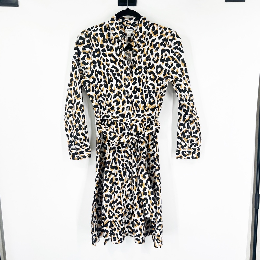 J. Crew Factory Leopard Tie-Waist Shirt-Dress in Cotton Poplin